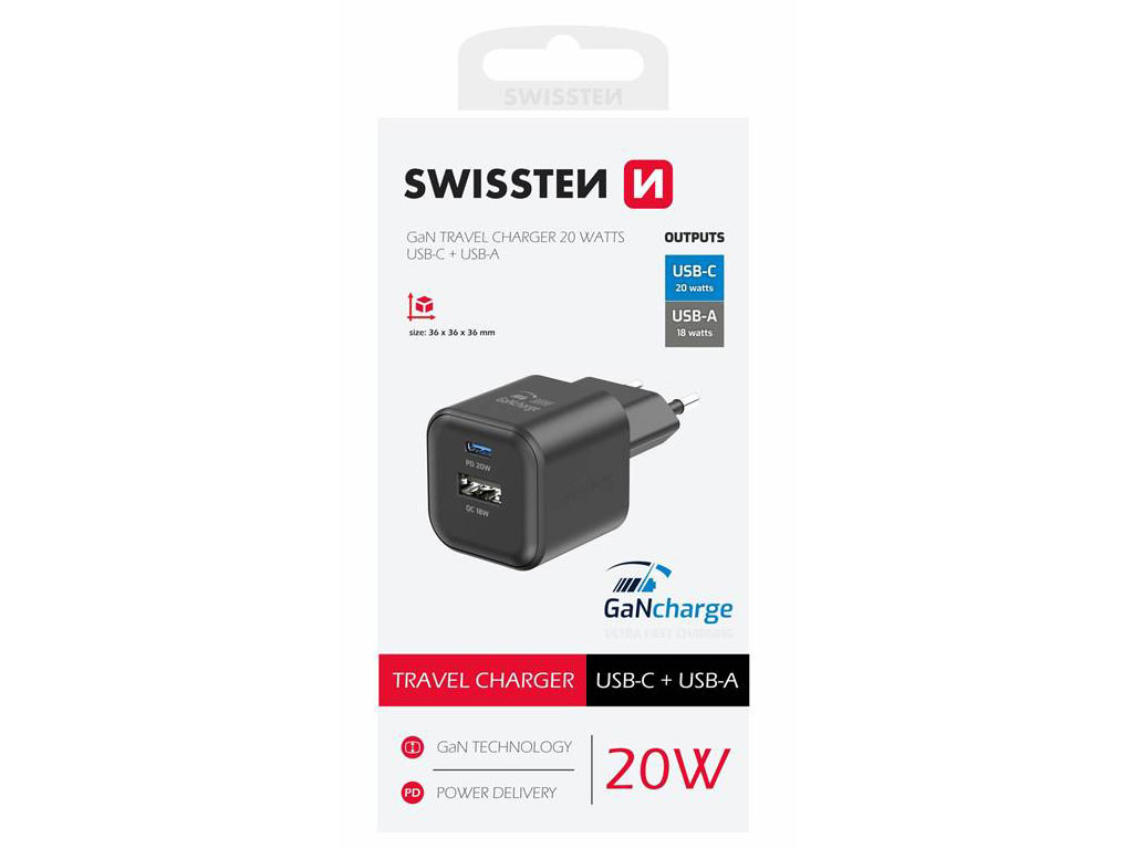 Nabíječka SWISSTEN Power Delivery USB-C + USB-A 20W černá
