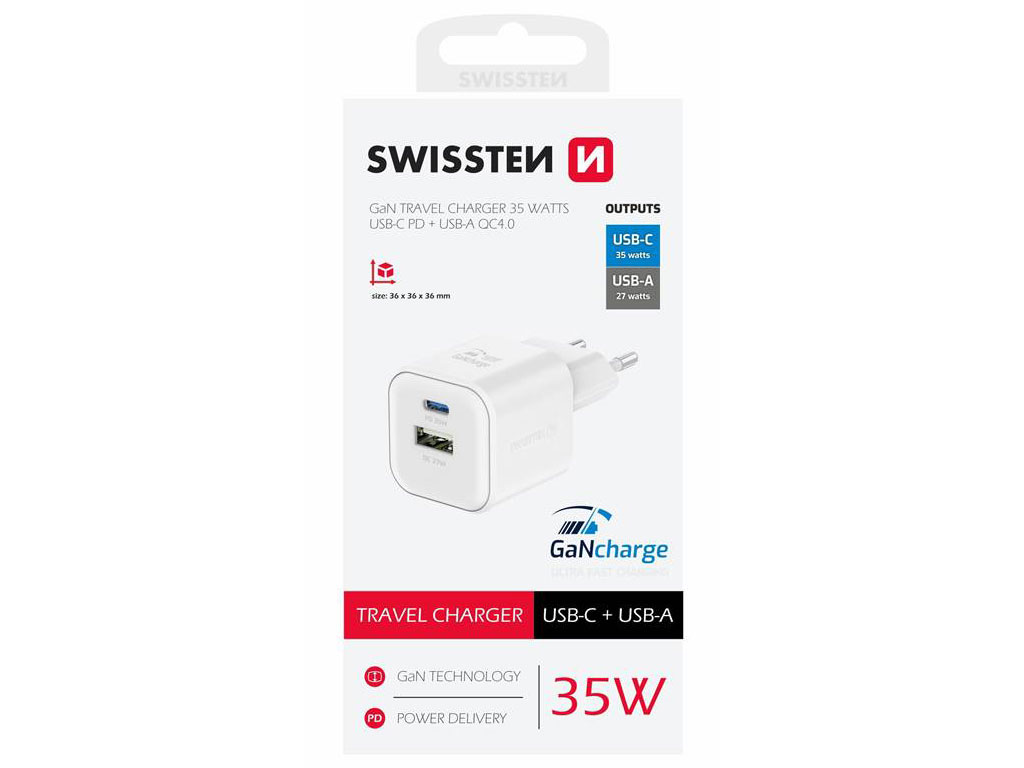 Nabíječka SWISSTEN Power Delivery USB-C + USB-A 35W bílá