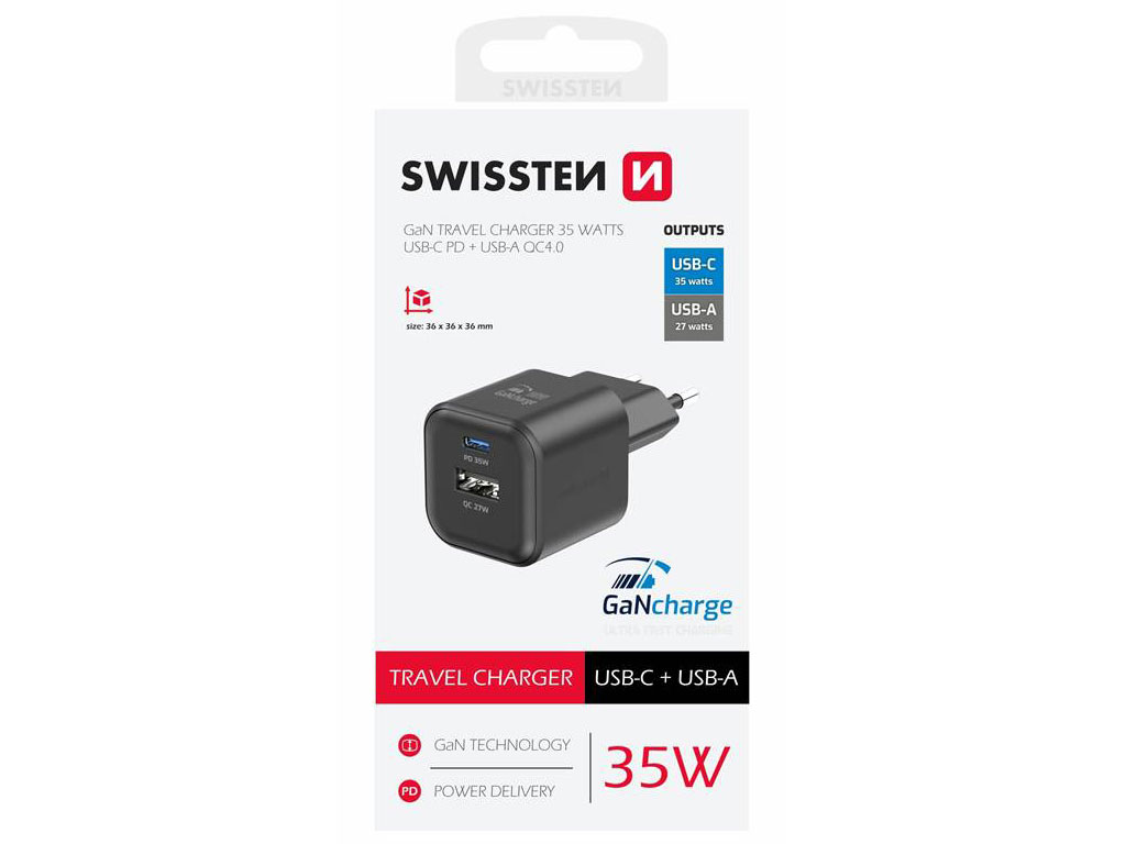Nabíječka SWISSTEN Power Delivery USB-C + USB-A 35W černá