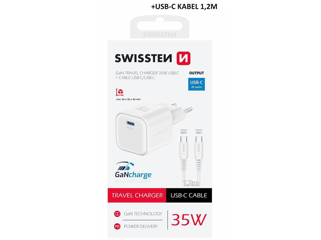 Nabíječka SWISSTEN Power Delivery USB-C + USB-C kabel 1,2m bílá