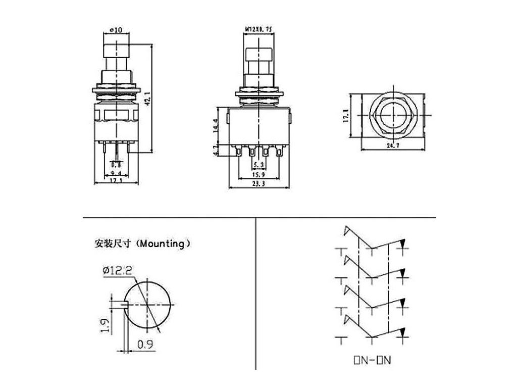 Nožní spínač PBS-24-412 250V / 2A, 4x přepínací kontakt, ZAP/ZAP, ON-ON, s aretací