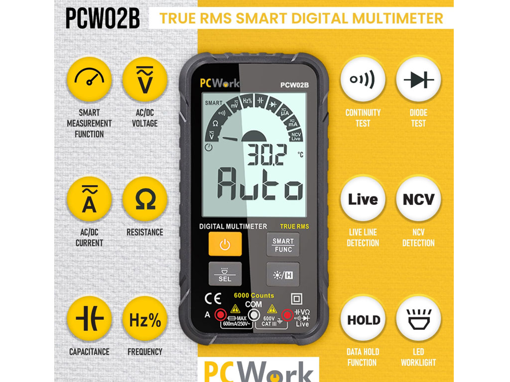 PCW02B smart, digitální multimetr, automatická volba rozsahů (auto range), True RMS, 6000 counts, NCV, CAT III 600 V