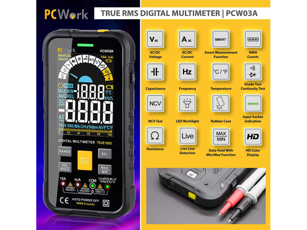 PCW03A smart digitální multimetr, automatická volba rozsahů (auto range),  True RMS,  9999 counts s NCV a Live testem