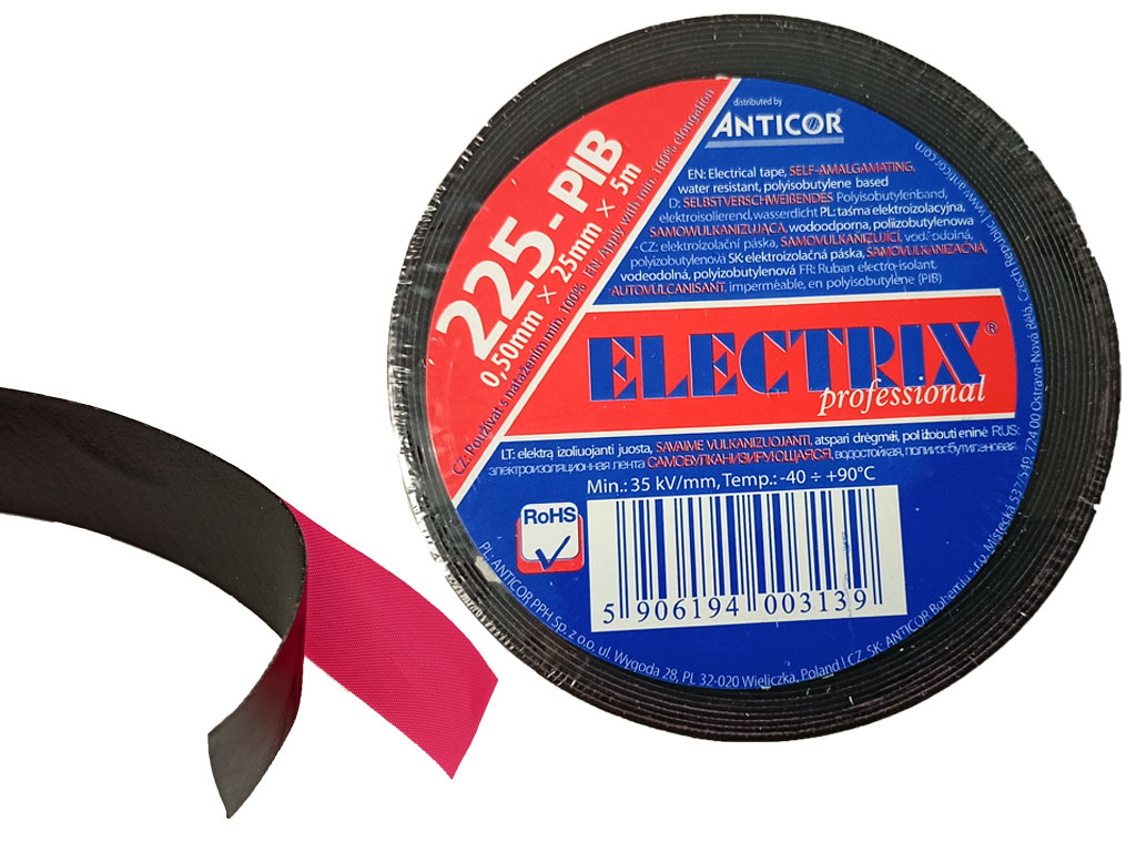 Páska izolační pryžová samovulkanizující ELECTRIX, černá, 25mm x 0,5mm, balení 5m