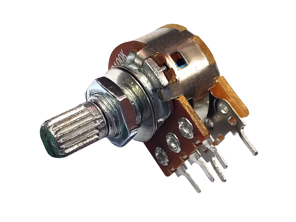 Potenciometr otočný 100k / B  č.60 lineární s vypínačem, drážkovaná hřídel 6 x 9 mm