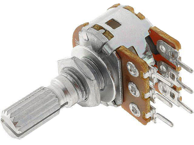 Potenciometr stereo otočný 10k / A č.22  logaritmický, drážkovaná hřídel 6 x 9mm R16148-1B-2-A10K