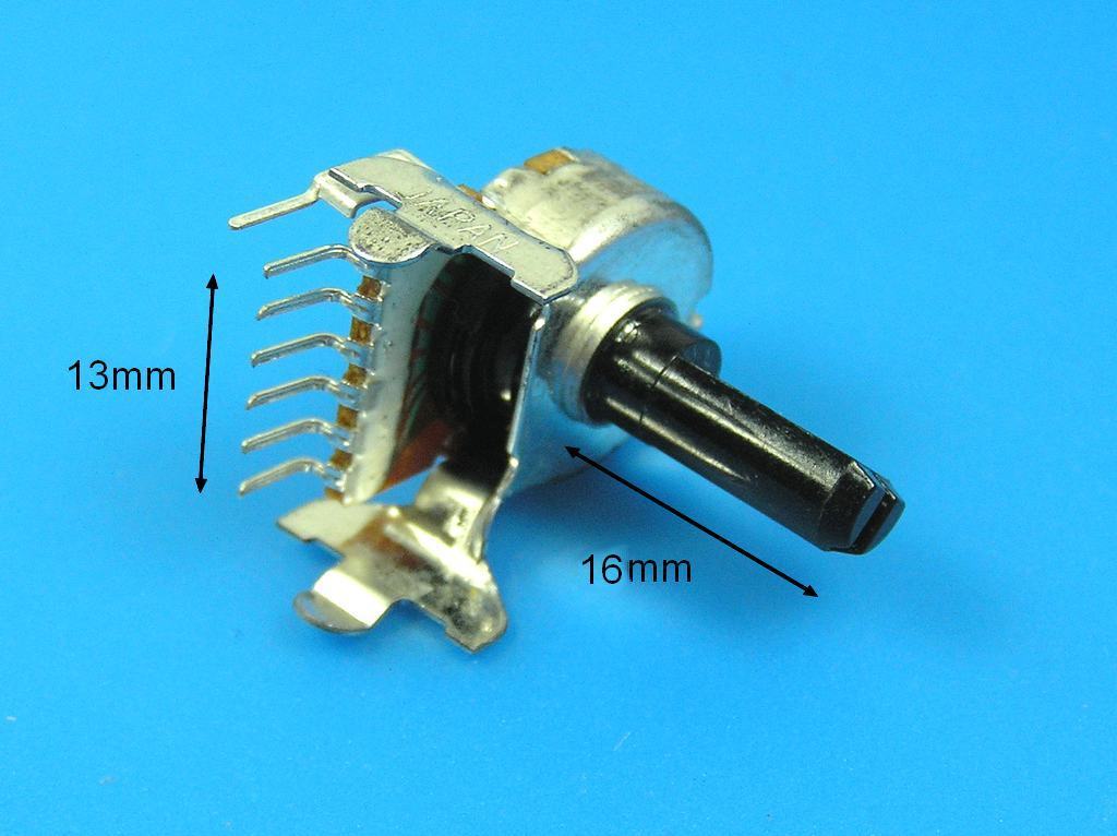 Potenciometr stereo otočný 20k / A č.14, délka hřídele 16mm, odbočky pro loudness