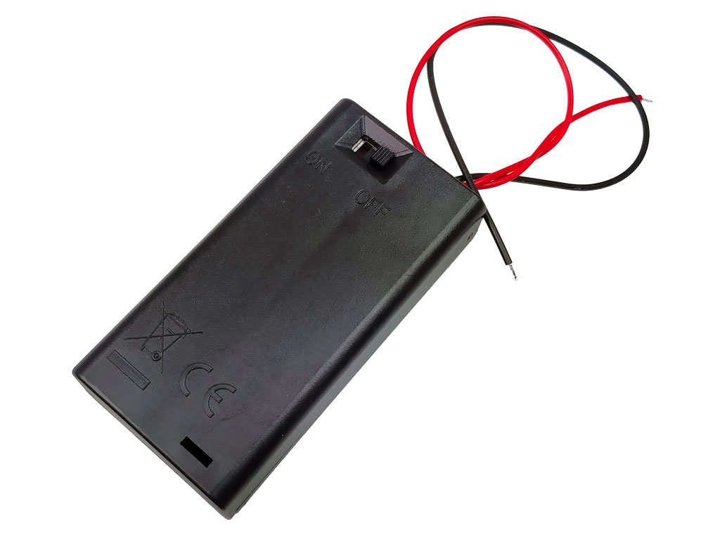 Pouzdro na baterie 2x AA vedle sebe, krabička s vypínačem, vývod vodiče