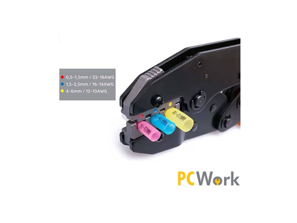 Ráčnové krimpovací kleště PCW04B na konektory, dutinky a očka, na kabel 0,5–6 mm² (22–10 AWG)