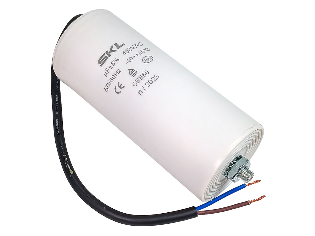 Rozběhový kondenzátor 100.0 uF ( 100uf ) 450V 50/60Hz CBB60 SKL, kabel 25cm, motorový běhový kondenzátor