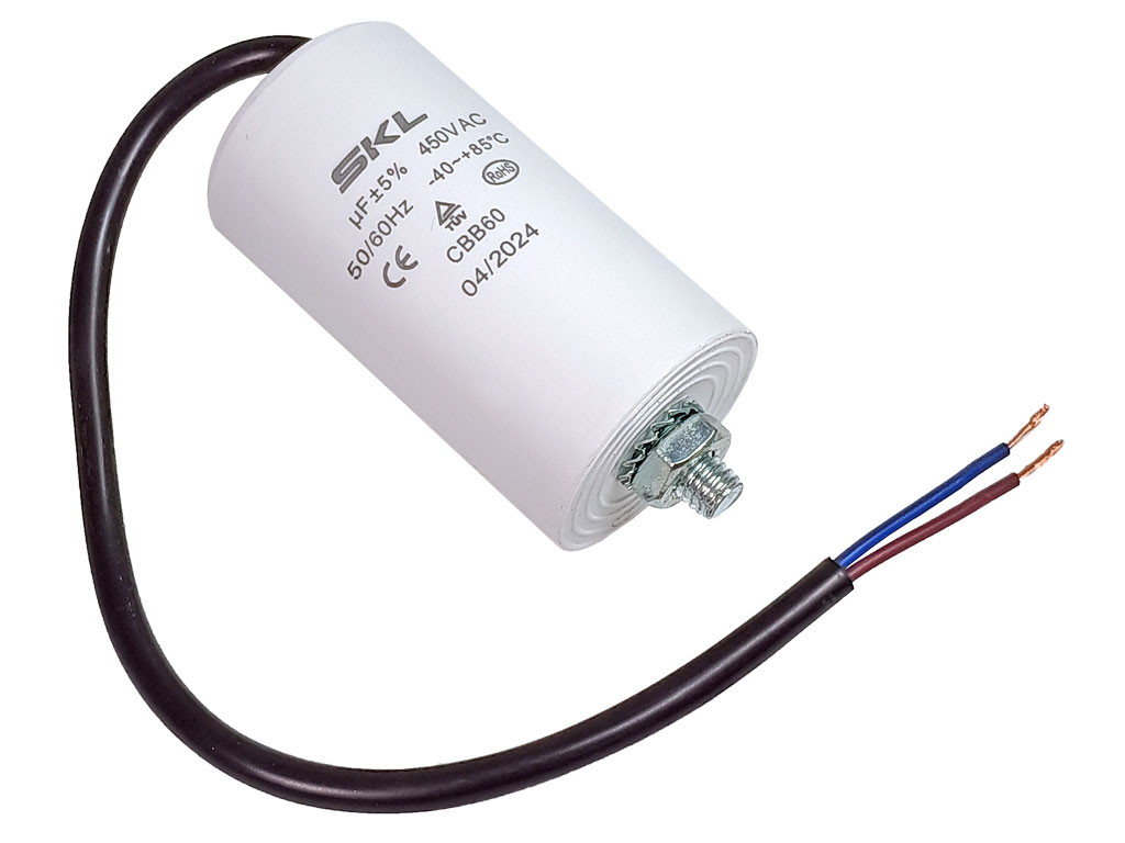 Rozběhový kondenzátor 15.0 uF ( 15.0uf ) 450V 50/60Hz CBB60 SKL, kabel 25cm, motorový běhový kondenzátor