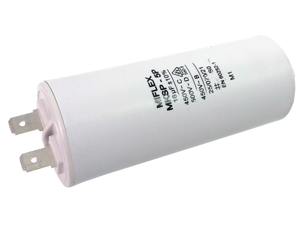 Rozběhový kondenzátor 16uF 450V / 500V MIFLEX, konektory, motorový kondenzátor