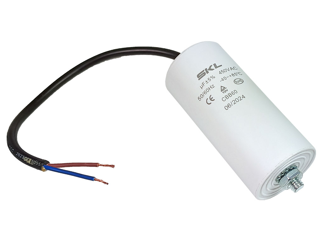 Rozběhový kondenzátor 25.0 uF ( 25uf ) 450V 50/60Hz CBB60 SKL, kabel 25cm, motorový běhový kondenzátor