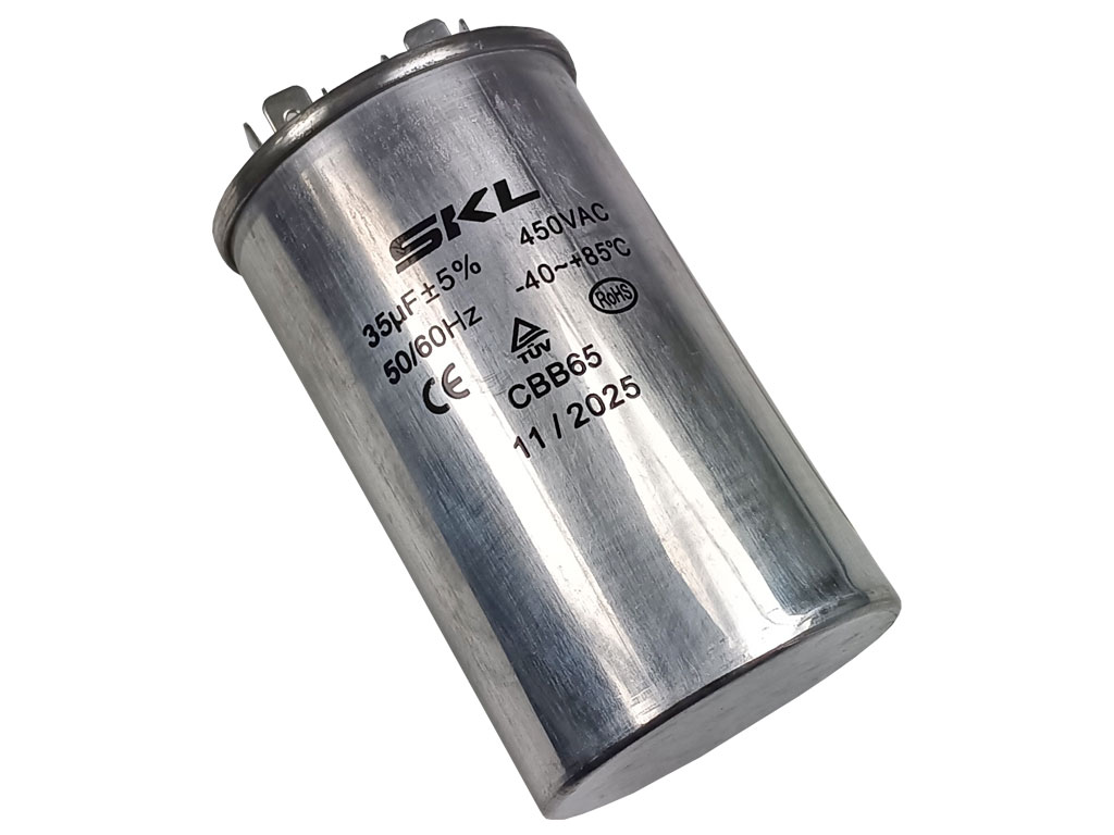 Rozběhový kondenzátor 35.0 uF ( 35,0uf ) 450V 50/60Hz CBB65 SKL, konektory faston 6.3mm, motorový běhový kondenzátor