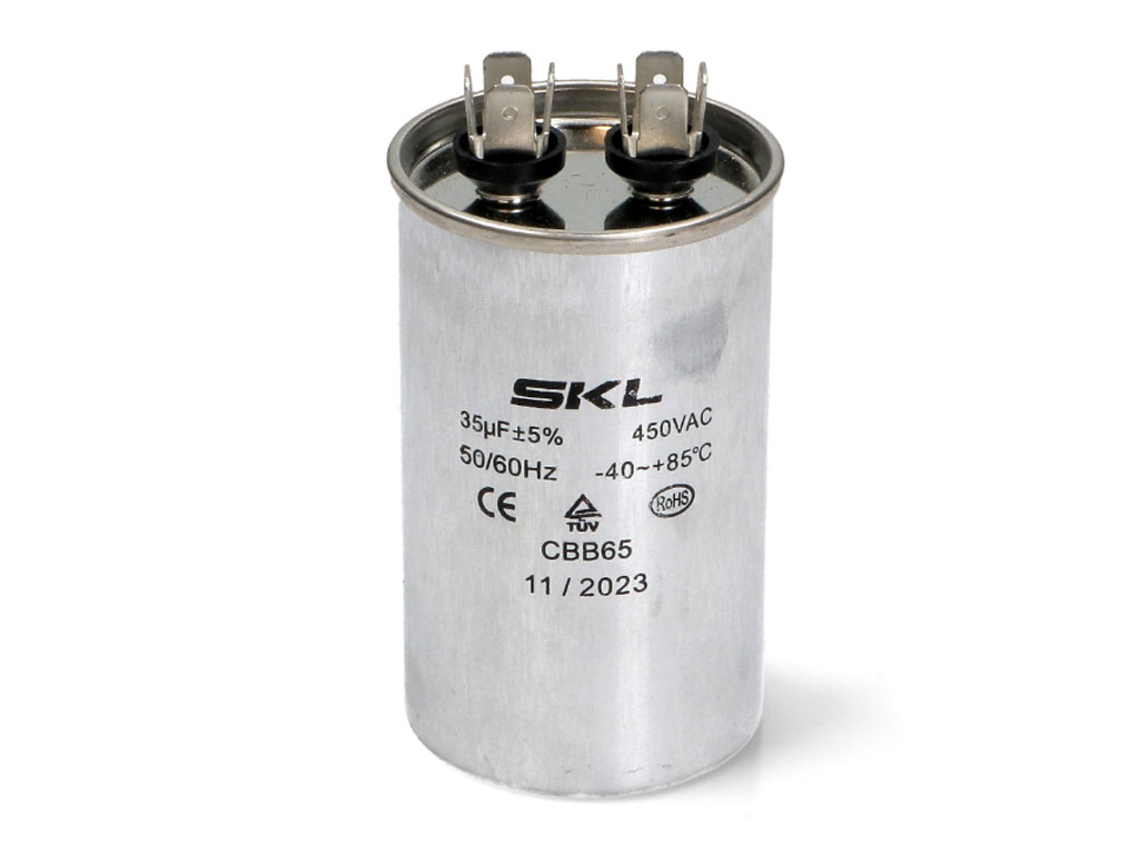 Rozběhový kondenzátor 35.0 uF ( 35uf ) 450V 50/60Hz CBB65, konektory faston 6.3mm, motorový běhový kondenzátor