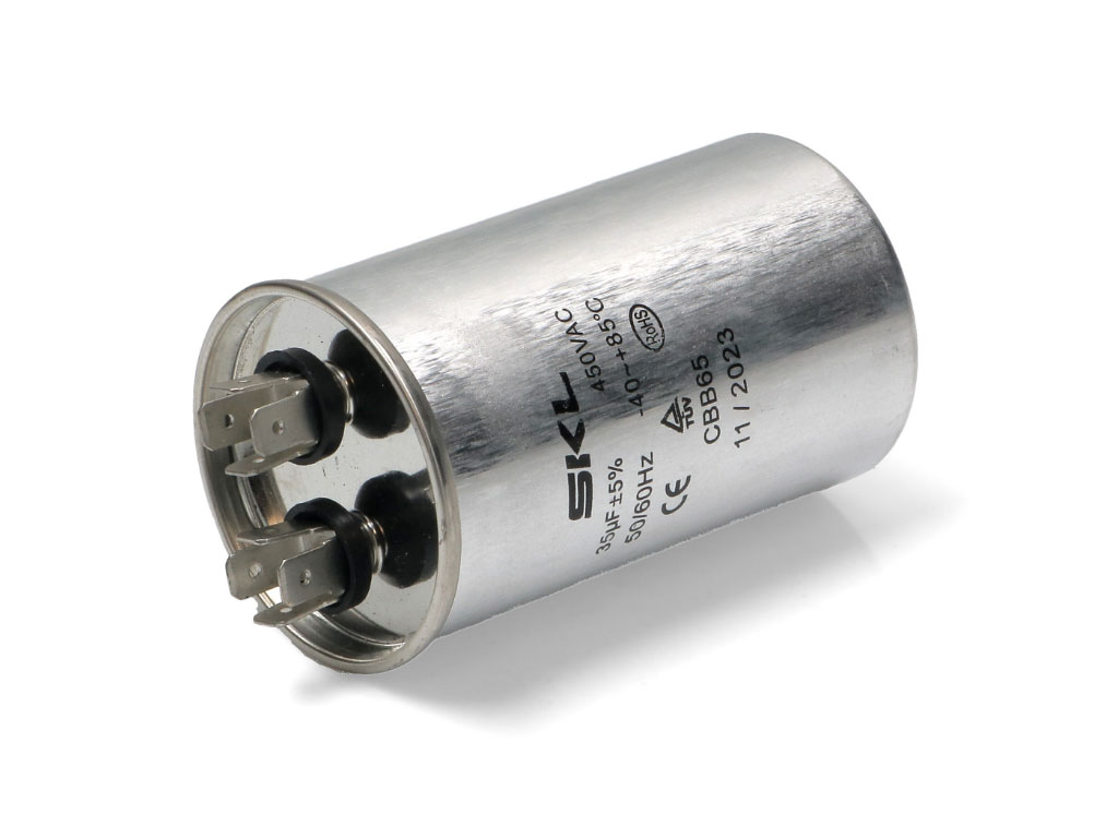 Rozběhový kondenzátor 35.0 uF ( 35uf ) 450V 50/60Hz CBB65, konektory faston 6.3mm, motorový běhový kondenzátor