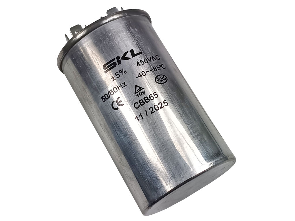 Rozběhový kondenzátor 40.0 uF ( 40,0uf ) 450V 50/60Hz CBB65 SKL, konektory faston 6.3mm, motorový běhový kondenzátor