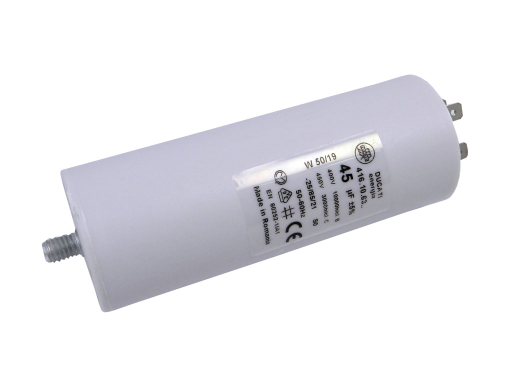 Rozběhový kondenzátor 45uF 400V / 450V DUCATI,  konektory, motorový kondenzátor