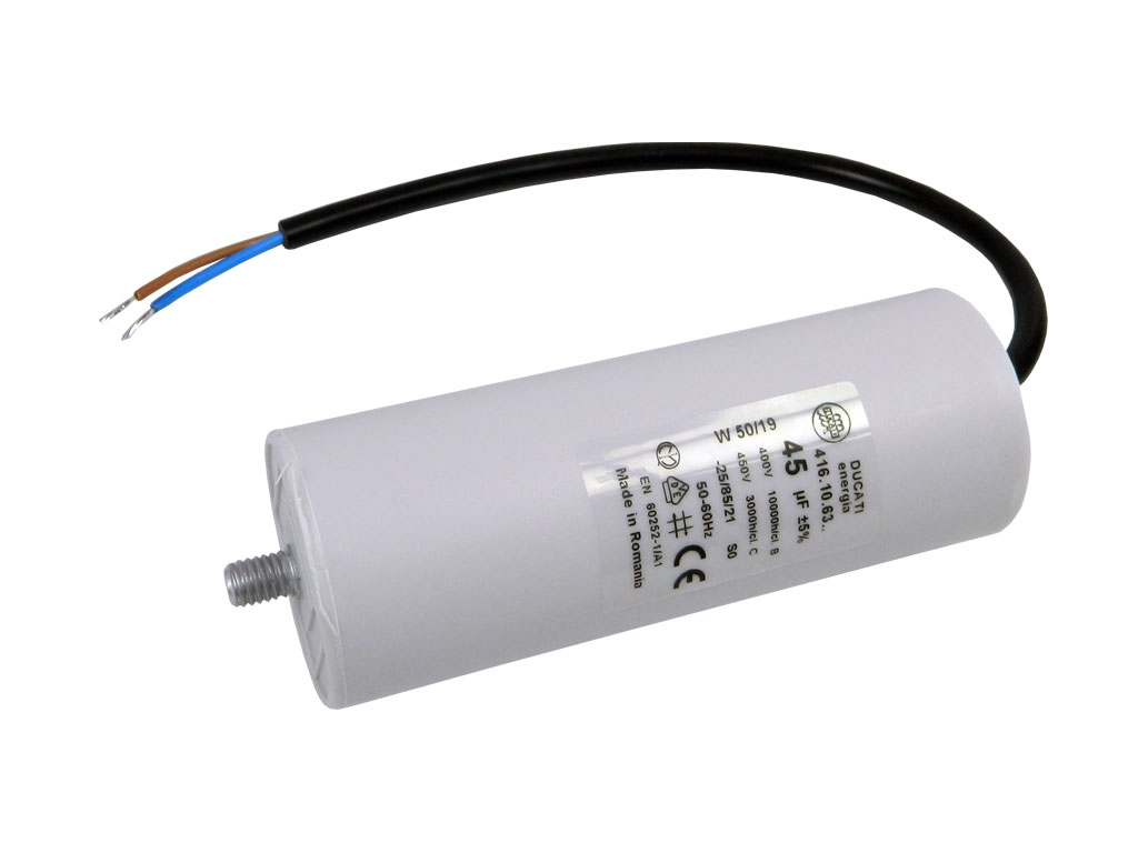 Rozběhový kondenzátor 45uF 400V / 450V TC886HS kabel,  motorový kondenzátor
