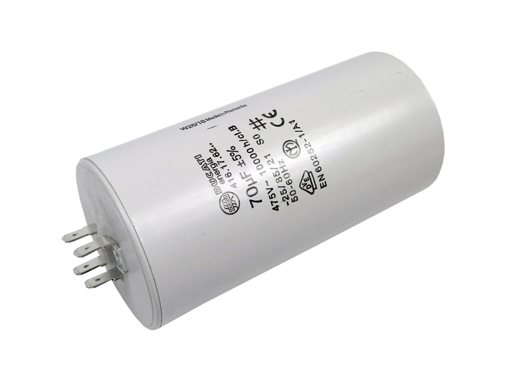 Rozběhový kondenzátor 70uF 400V / 450V DUCATI,  konektory, motorový kondenzátor