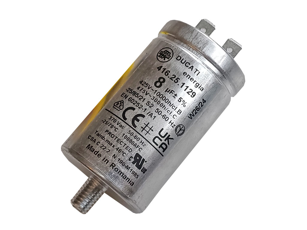 Rozběhový kondenzátor 8uf 425V / 475V DUCATI, konektory, motorový kondenzátor kovové provedení