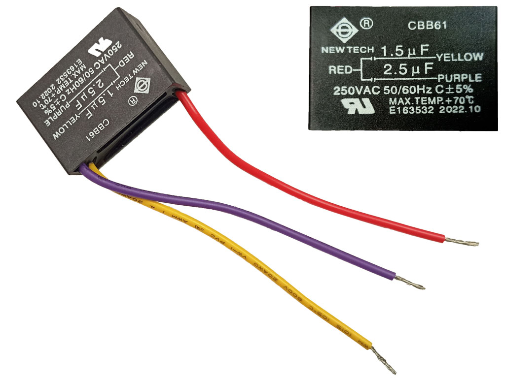 Rozběhový kondenzátor  dvojnásobný 1.5uF + 2.5uF/ 250V CBB61, motorový kondenzátor ventilátorů