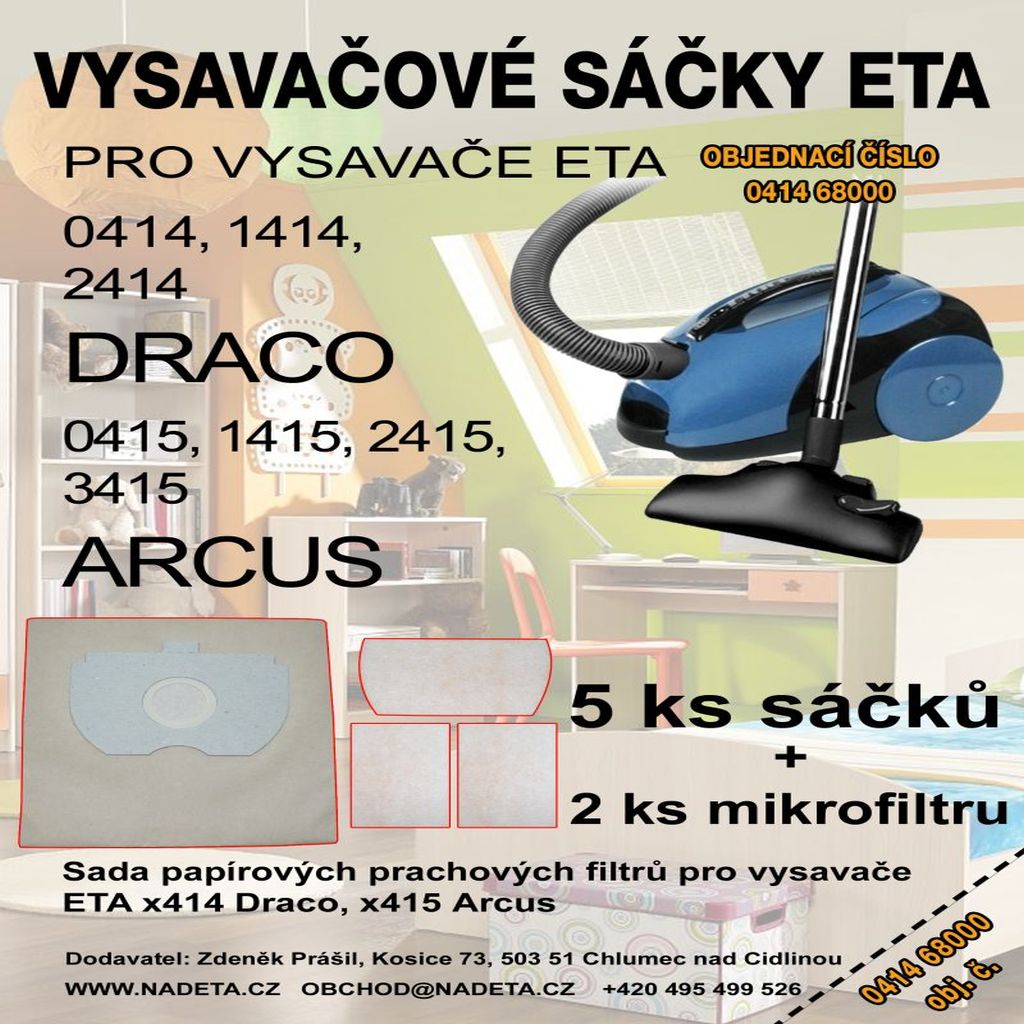 Sáčky do vysavače Eta 0414, x414, x415, textilní sáčky do vysavače ETA3 MAX Jolly, sada 5ks + filtry do vysavače ( ETA 0414 68001 ) 
