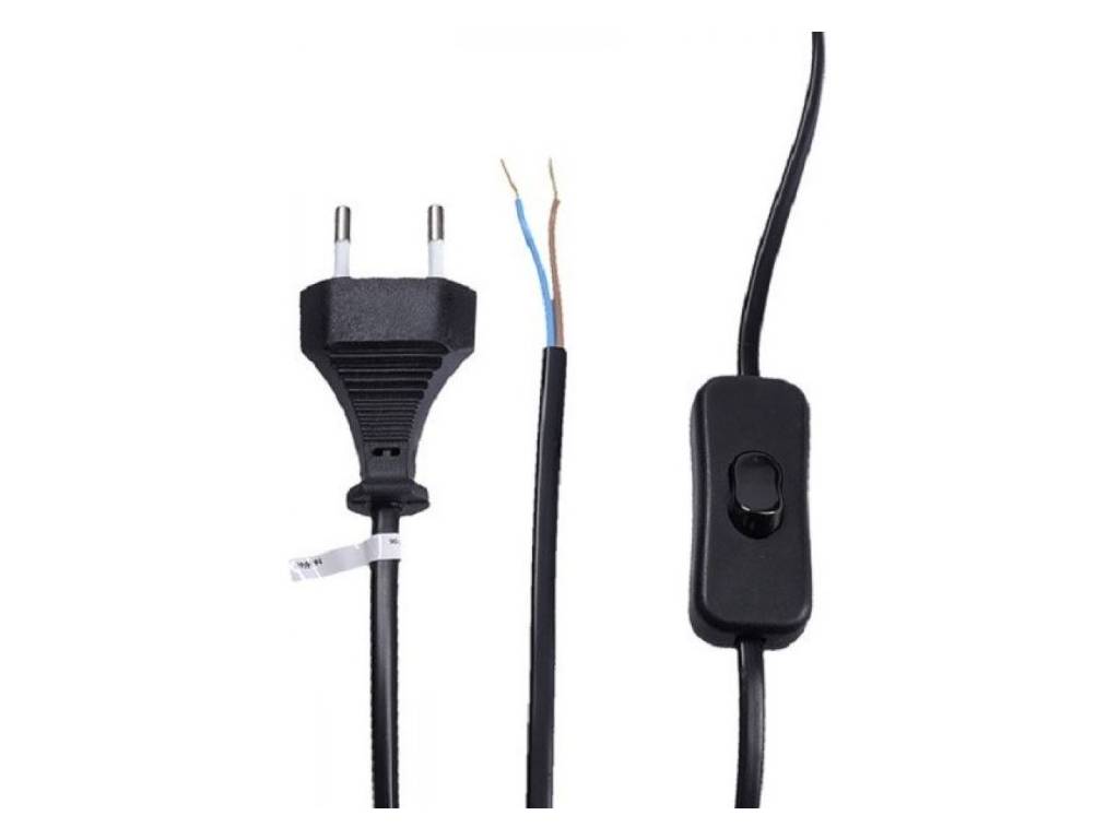 Síťový kabel, flexo šňůra 2x 0.75mm2 s vypínačem 250V 2.5A, dvojlinka černá plochá 2m 