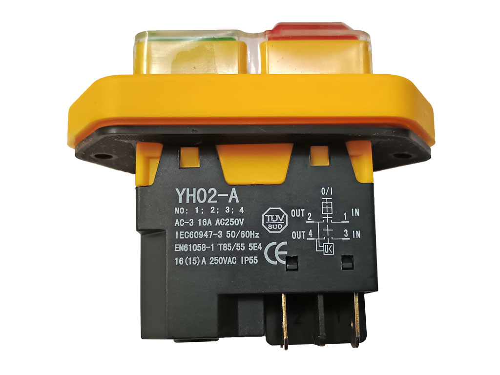 Vypínač, elektromagnetický spínač elektrického nářadí 4-piny žlutý YH02-A / DKLD DZ-6F 4P / KJD17B-C / SSTM-04