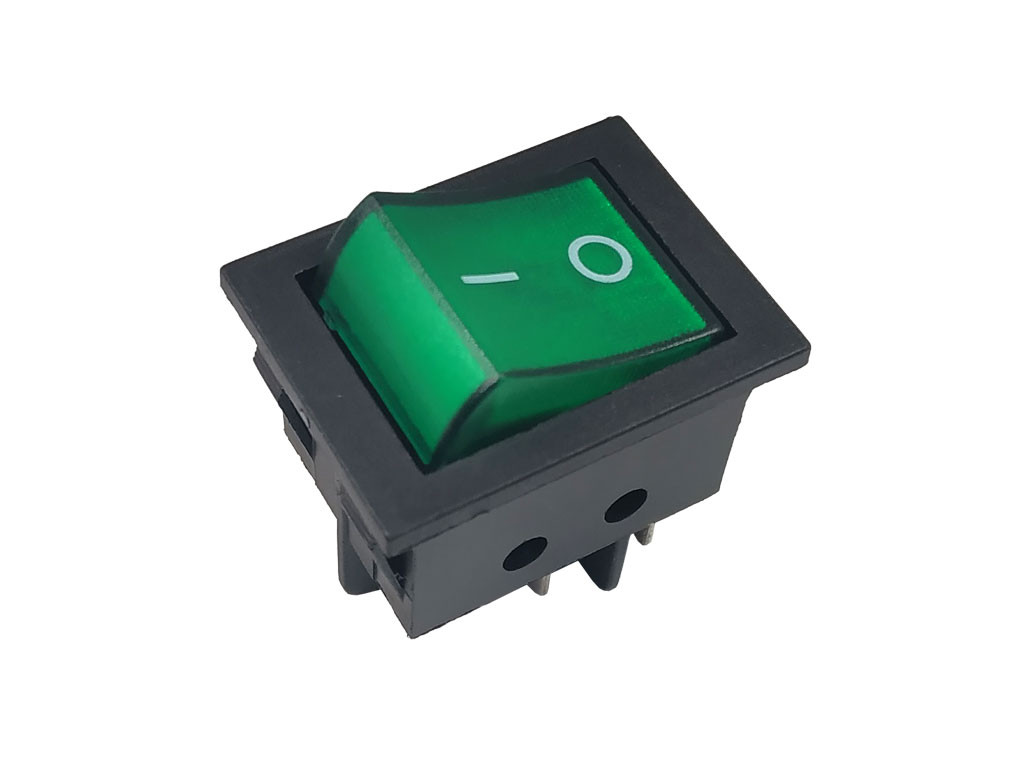 Vypínač kolébkový dvoupólový, 250V / 15A,  WSM 9105L, zelený ON-OFF, FASTON 6,3