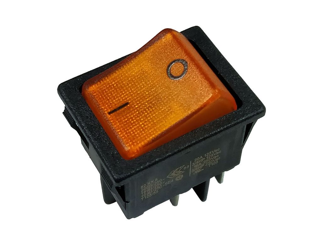 Vypínač kolébkový dvoupólový, 250V / 16A,  WSM 9104L, žlutý (oranžový) ON-OFF, FASTON 6,3