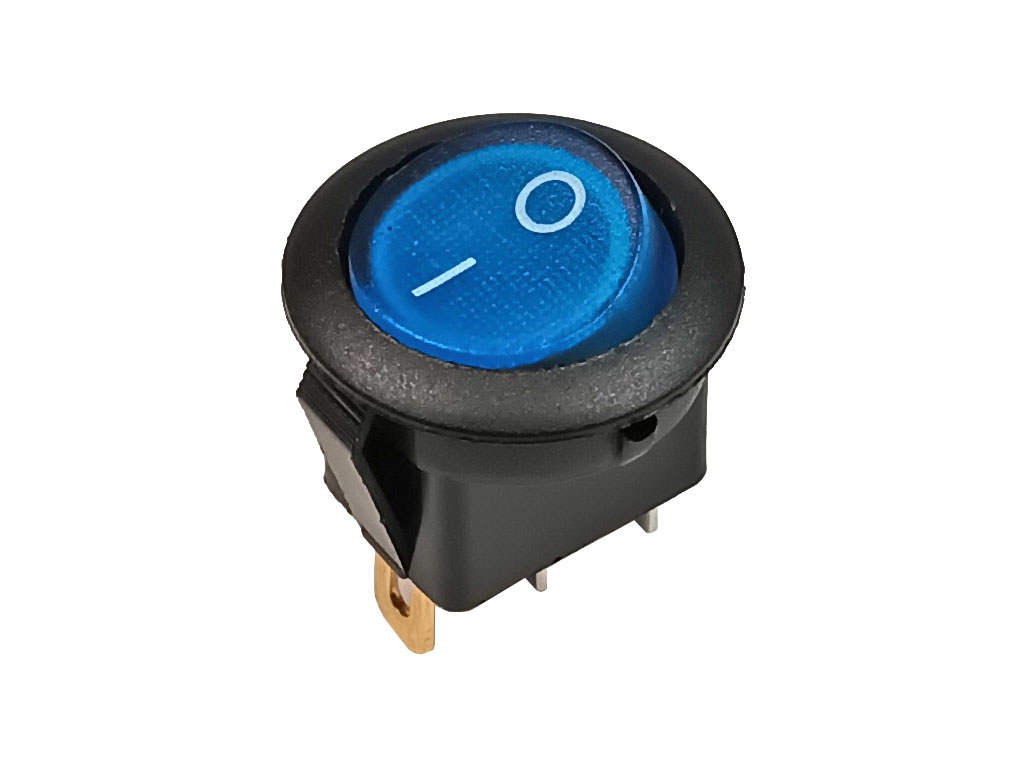 Vypínač kolébkový kulatý, 1 pólový, modrý, prosvětlený 12V DC / 16A ON-OFF