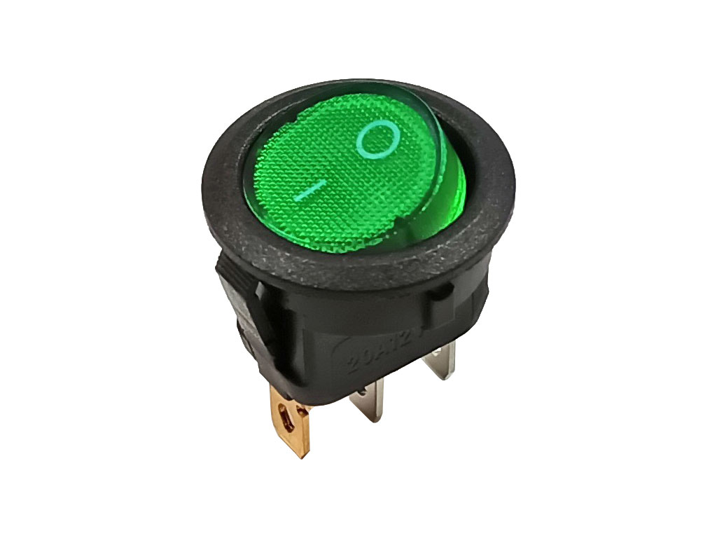 Vypínač kolébkový kulatý, 1 pólový, zelený, prosvětlený 12V DC / 16A ON-OFF