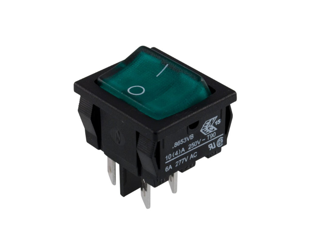 Vypínač kolébkový malý BULGIN H8653VBBG3076W zelený ON-OFF 