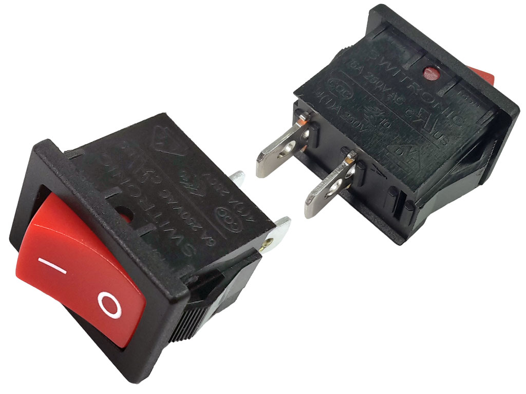 Vypínač kolébkový malý, jednopólový, 250V AC / 6A, červený hmatník, ON-OFF