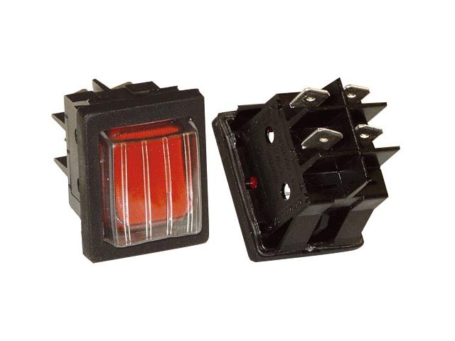 Vypínač kolébkový s podsvitem a krytím - červený 230V / 16A