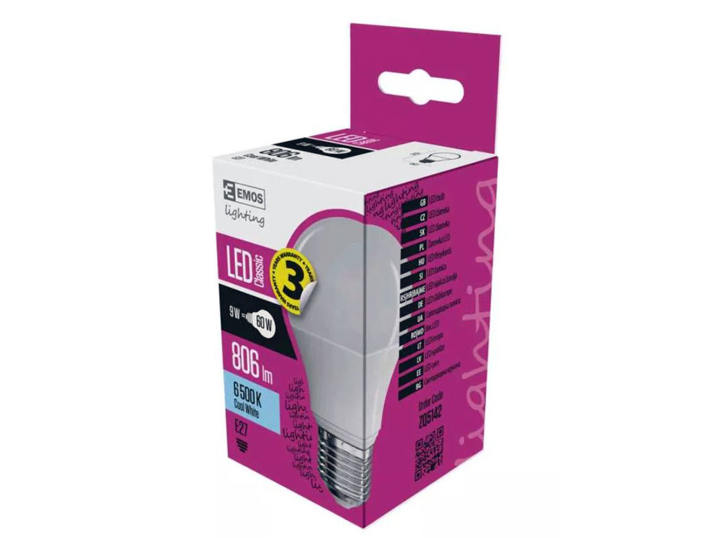 Žárovka LED E27 A60 9W 6500K 806lm