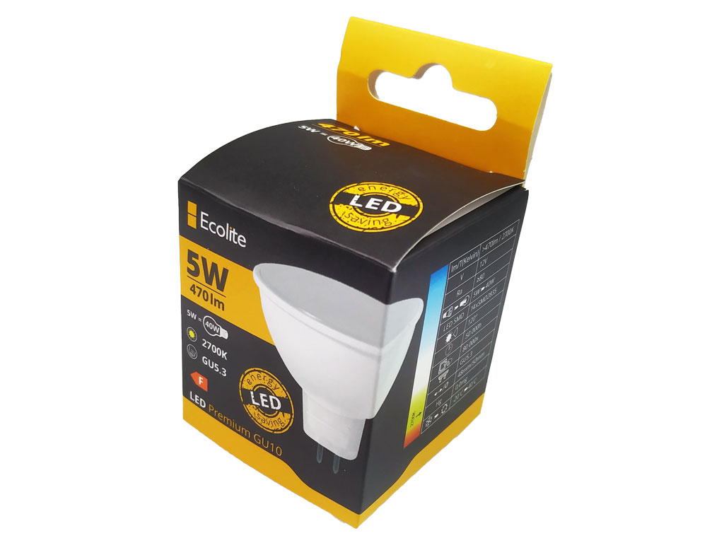 Žárovka LED MR16 / GU5.3, teplá bílá, 12V 5W Ecolite