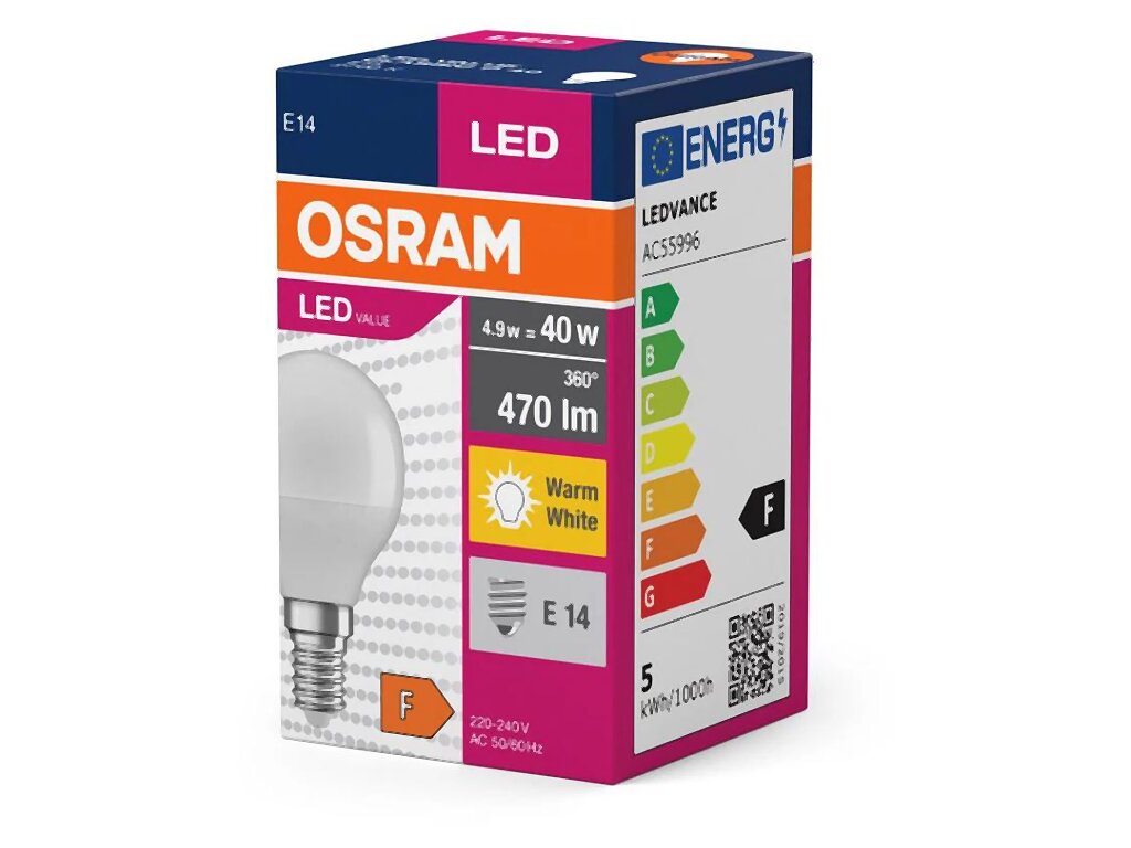Žárovka LED OSRAM VALUE E14 4.9W ( 5W, 5.5 W), 220-240V, 2700°K teplá bílá, miniglobe