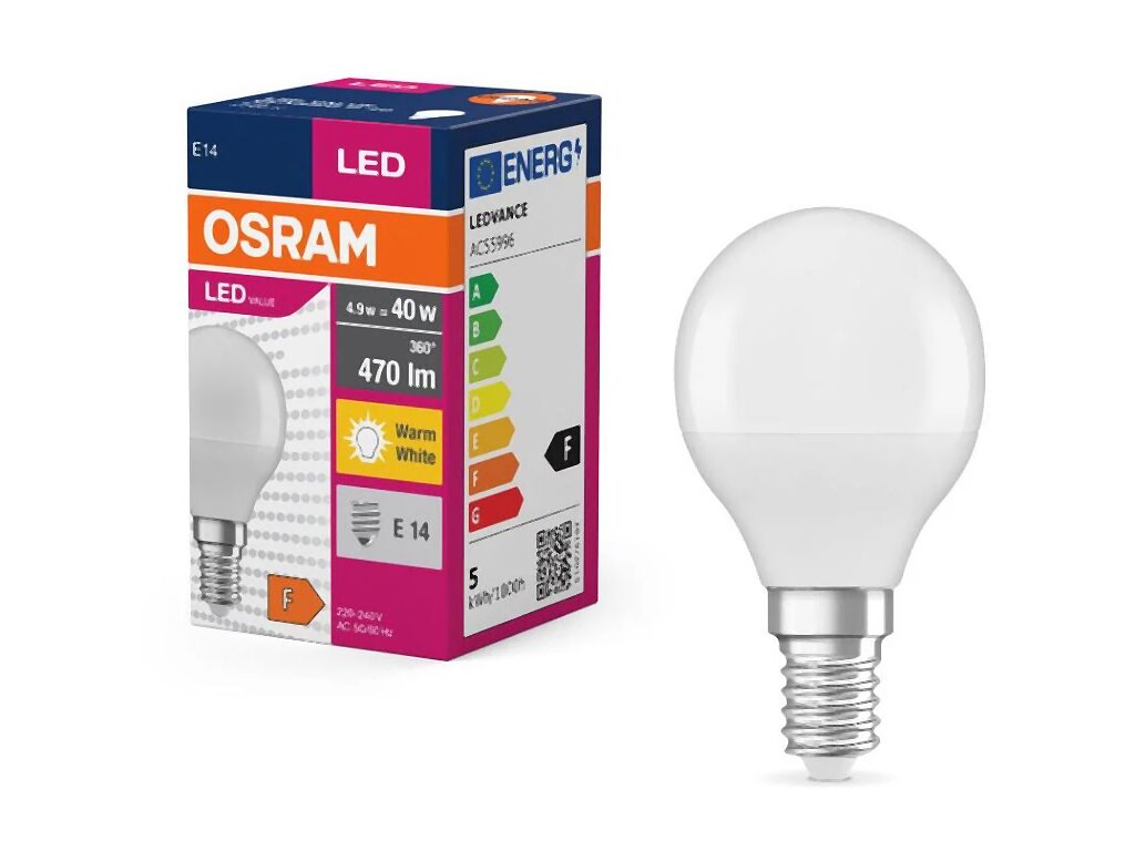 Žárovka LED OSRAM VALUE E14 4.9W ( 5W, 5.5 W), 220-240V, 2700°K teplá bílá, miniglobe