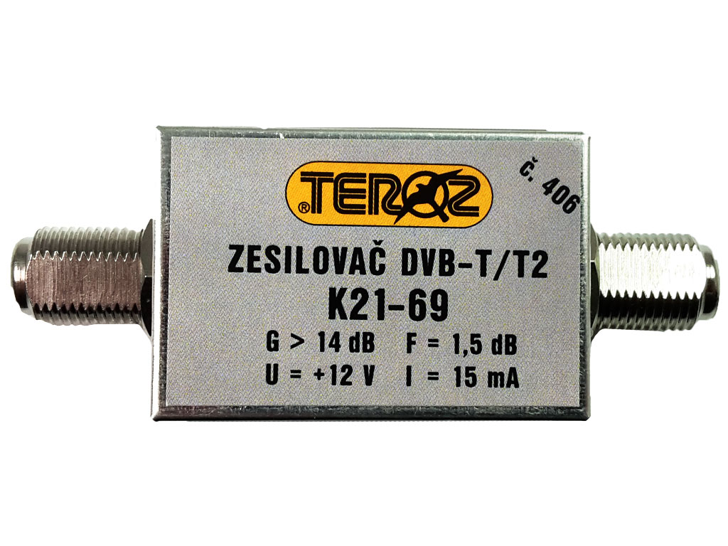 anténní zesilovač DVB-T / DVB-T2 14dB TEROZ č.406 F konektory