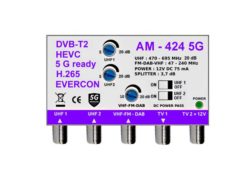 anténní zesilovač pro DVB-T2 AM-424-IN 5G zesílení 20dB UHF1 + UHF2 + DAB/FM/VHF