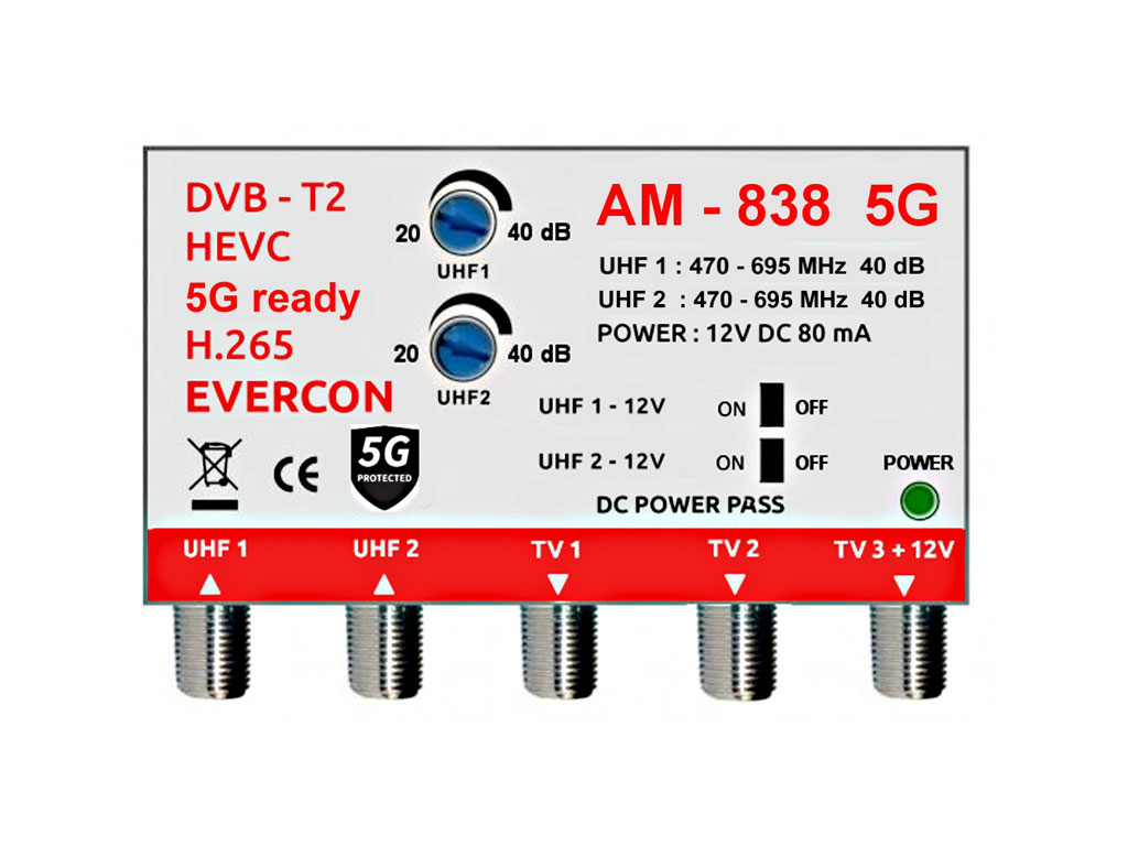 anténní zesilovač pro DVB-T2 AM-838-IN 5G zesílení 40dB 2xUHF / 3x výstup